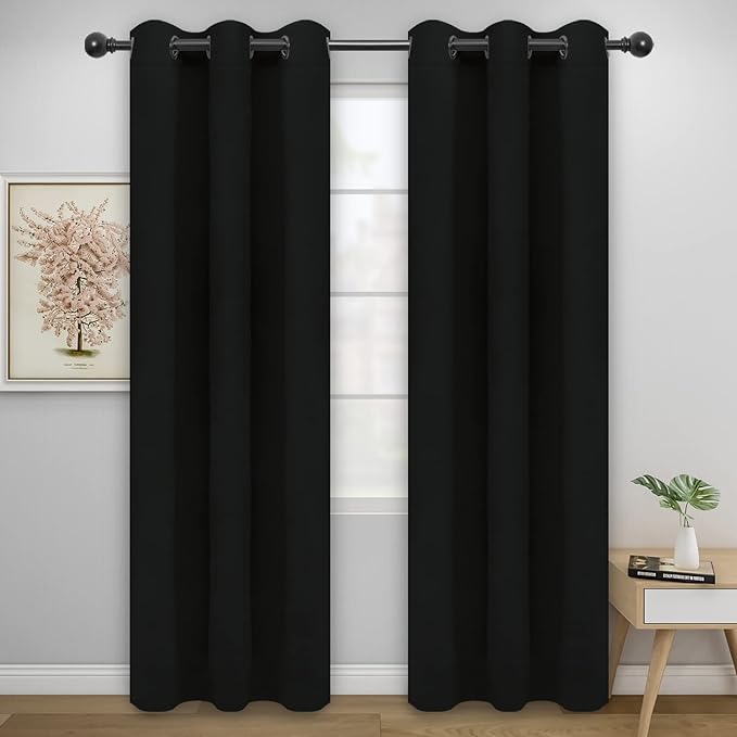 Easy-Going Blackout Curtains for Bedroom, Solid Thermal Insulated Grommet and Noise Reduction Window Drapes, Room Darkening Curtains for Living Room, 2 Panels (42x95 in, Black)