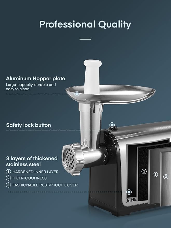 Electric Meat Grinder, Sausage Stuffer with 3 Sausage Tubes, 2 Blades, 3 Plates, 3200W Max, Meat Grinder Heavy Duty for Home Kitchen Use, Stainless Steel (Black)