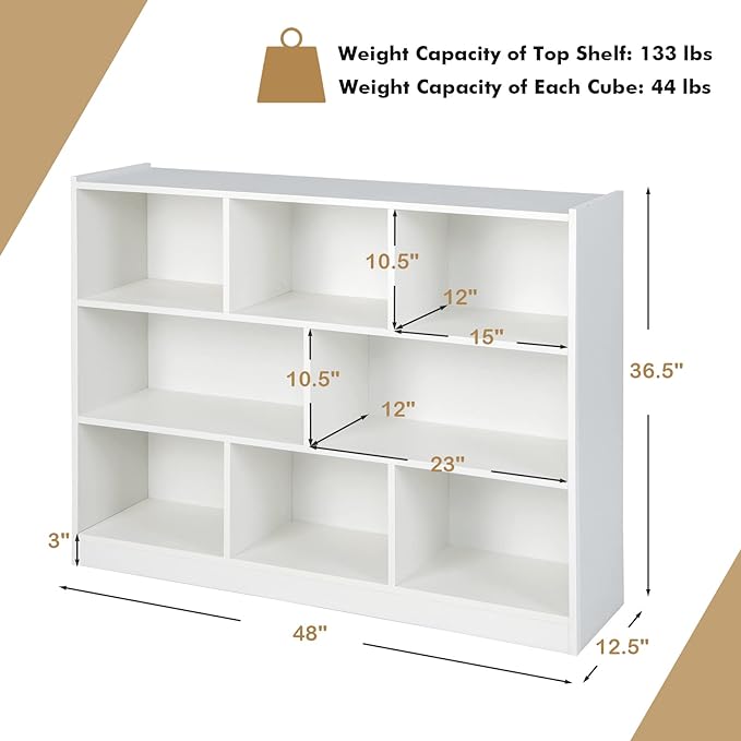 Giantex Wood 8 Cube Bookcase, Open Freestanding 3-Tier Bookshelf, Multipurpose Display Shelf for Living Room, Bedroom, Children's Playroom, Reading Room
