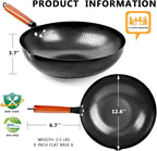 14 Piece Carbon Steel Wok Pan, Woks & Stir-Fry Pans Set with Wooden Lid Cookwares, No Chemical Coated Flat Bottom Chinese Pan for Induction, Electric, Gas, Halogen All Stoves - 12.6''