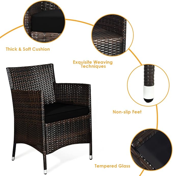 Goplus 4-Piece Rattan Patio Set, Outdoor/Indoor Wicker Conversation Set for Pool, Backyard, Lawn, Wicker Chairs and Sofa with Soft Cushion, Rattan Furniture with Tempered Glass Coffee Table