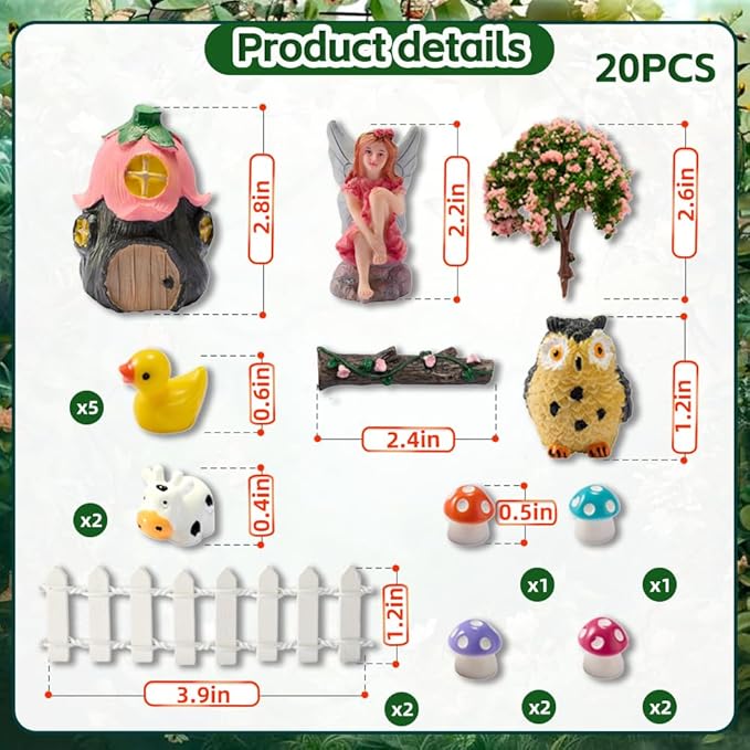 20Pcs Outdoor Miniature Fairy Garden Accessories Kit with Fairy House & Mini Resin Animals - Miniature Garden Decor Gifts for DIY Micro-Enthusiasts