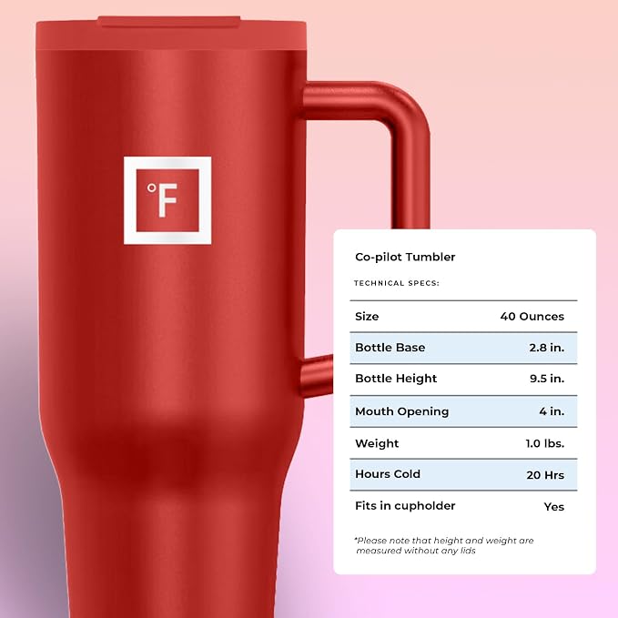 IRON °FLASK 40 oz Co-Pilot Insulated Travel Mug | Insulated Travel Mug with Straw & Flip Cap Lids - Cup Holder Fit, Leakproof, BPA Free (Fire Red)