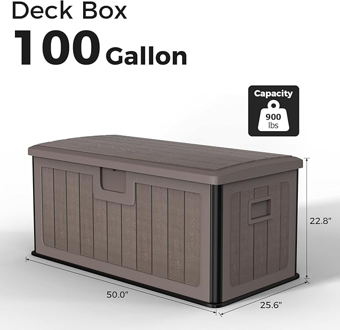 Outdoor Storage Deck Box 100 Gallon, UV Resistant & Waterproof Deck Box with Double-Wall Construction, Lockable Storage Bins Container for Pool Patio Garden