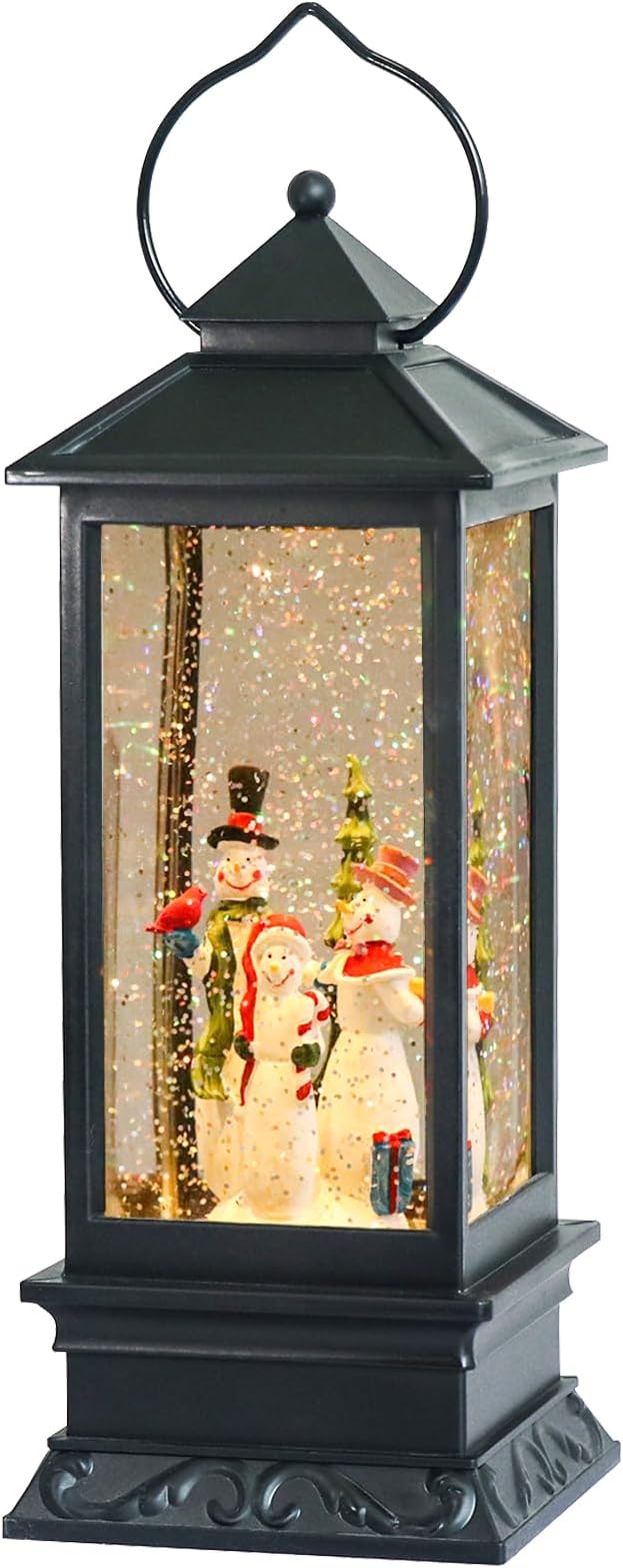 Eldnacele Singing Battery Operated Musical Lighted Christmas Snowman Water Glittering Swirling Snow Globe Lantern with Music Christmas Home Decoration and Gift, Snowman Family