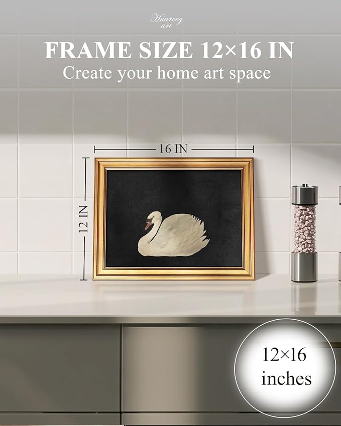 HUARCEY Gold Framed Vintage Wall Art for Living Room, Grace Swan Art Painting Pictures Rustic Animal Bathroom Prints Farmhouse Wall Decor Canvas Swan Shelf Decor for Kitchen Bedroom (Zwaan 12"x16")