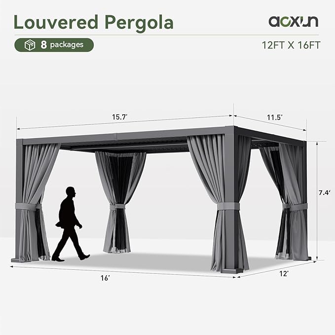 Aoxun Louvered Pergola 12' x 16' Outdoor Aluminum Pergola with Adjustable Top for Decks, Gardens and Backyards, Gray