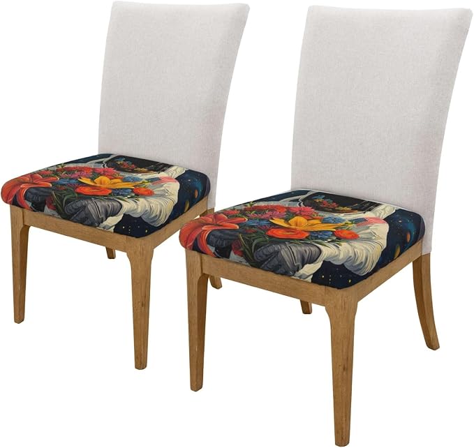 Astronaut with Flowers in Space Chair Seat Covers for Dining Room Stretch Chair Seat Covers Set of 2,The Flower Seller Chair Seat Protector Cushion Slipcovers for Kitchen Restaurant Office