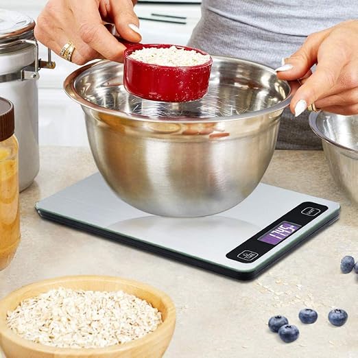 Digital Kitchen Food Scale for Baking,Weight Loss,Grams and Ounces OZ Lb ML,5 Units,1g to 33lb, Stainless Steel with LCD Display,Silver Black (Include AAA Battery)