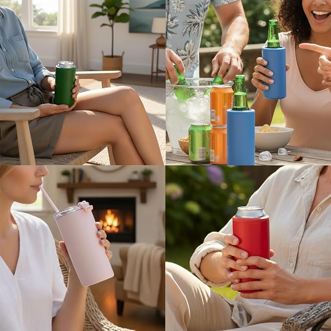 4 in 1 Universal Can Cooler - Light Pink, Can Holder Insulated, Beer Bottle Cooler, Universal Holder for All Drink Sizes, Stainless Steel Insulated Tumbler, Tailgating Accessories