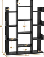 Aheaplus Bookshelf, Tree-Shaped Bookcase Storage Shelf with 13 compartments, Books Organizer Display Cube Shelves, Industrial Free Floor Standing Wood Open Bookshelves, Black