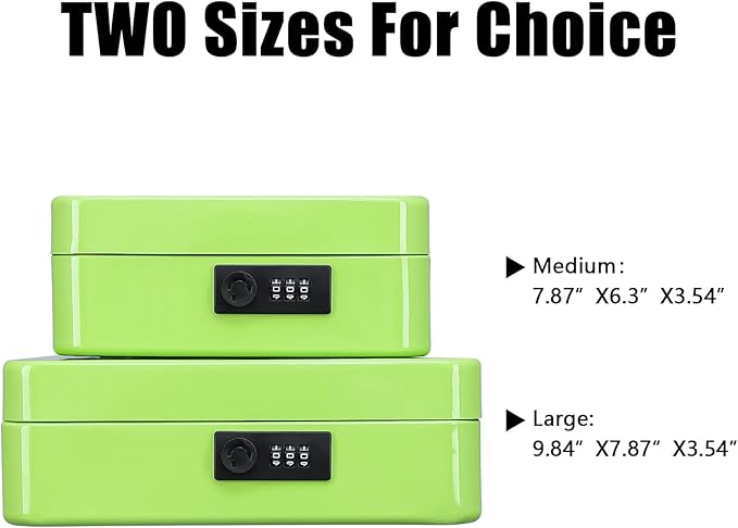 KYODOLED Cash Box with Combination Lock,Safe Metal Box for Money,Storage Lock Box with Money Tray,7.87"x 6.30"x 3.54" Limegreen Medium