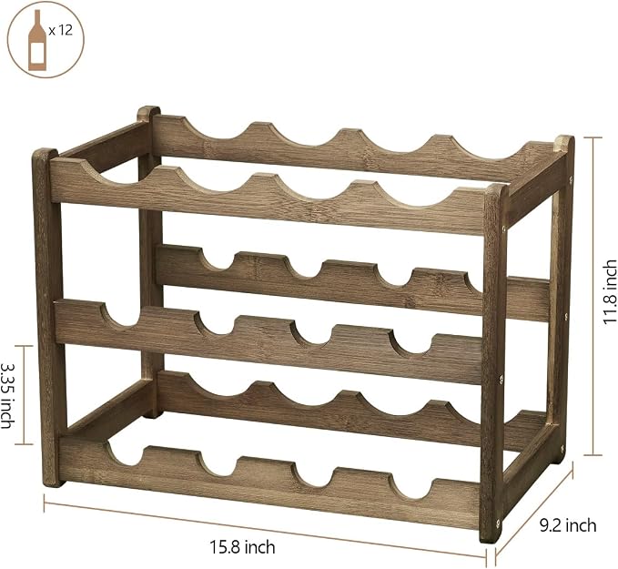 Bamboo Wine Rack, Sturdy and Durable Wine Storage Cabinet Shelf, Wine Racks Countertop for Pantry - 3 Tiers 12 Bottle Wine Rack, Moca