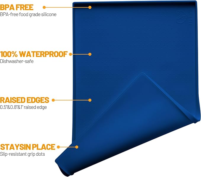 Hubulk Dog Feeding Mat,100% Waterproof Food Grade Silicone Pet Food and Water Bowl Placemat,Dishwasher, High Raised Edge to Prevent Spills,Nonslip Tray to Stop Messes on Floor (32"x24"x1.0", Navy)