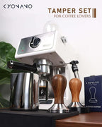 KYONANO Espresso Tamper 51mm - Coffee Tamper with Dalbergia Odorifera Handle - Espresso Press Hand Tamp PLUS Free Milk Frothing Pitcher 12oz/350ml, Silicone Tamper Mat - Fits 51mm Delonghi Portafilter