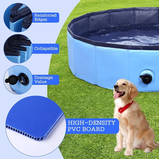 Foldable Dog Pool, Portable Pet Bath Tub and Kiddie Swimming Pool, Collapsible Bathtub for Puppies, Small, Medium and Large Dogs, Cats and Kids, 71 x 12 in, Blue