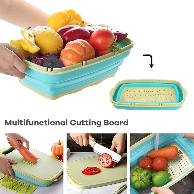 Camping Cutting Board, HI NINGER Collapsible Chopping Board with Colander, 9-In-1 Multi Chopping Board Kitchen Vegetable Washing Basket for Camping,Camping Gifts Camping Accessories for RV Campers
