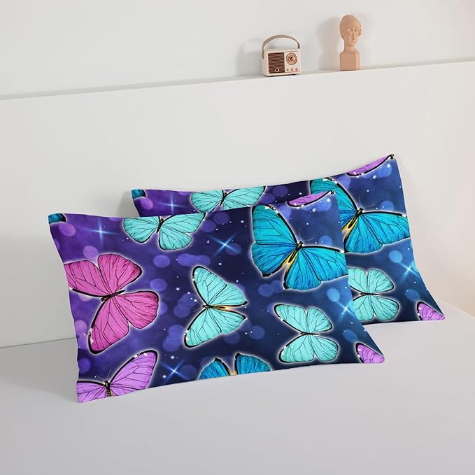 HOSIMA Butterfly Comforter Set with 2 Pillowcases,Glitter Purple Blue Butterfly Printed Bedding Set Twin Bed in A Bag Sets for Adults Kids,Starry Sky Galaxy Comforter Butterfly Room Decor Aesthetics.