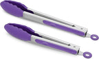2 Pack Silicone Kitchen Tongs – 9" & 12" Set, Heat Resistant up to 500°F, Non‑Stick Cookware Safe, Wavy Silicone Tips, BPA Free, Locking Clip & Hanging Loop, Purple