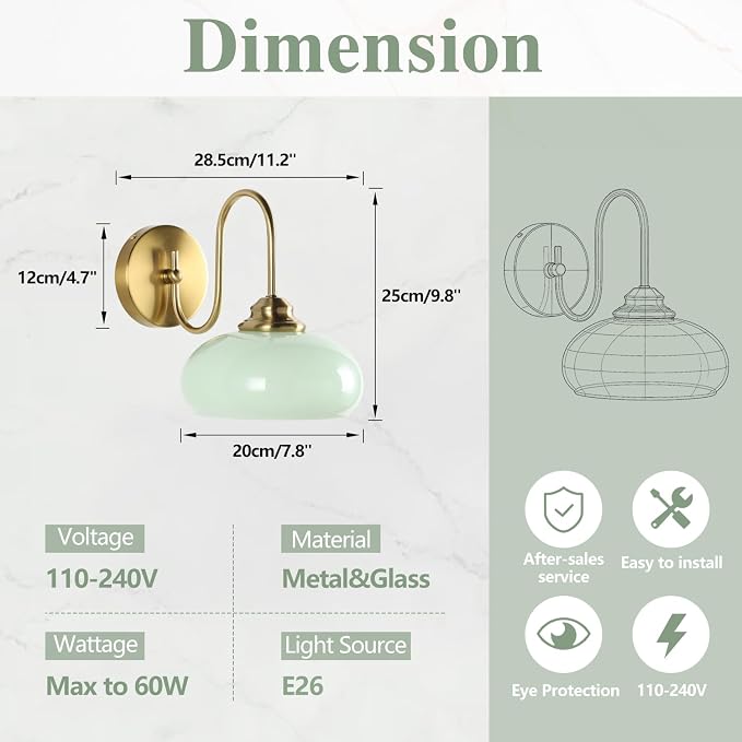 Mid Century Wall Sconce Green Glass Globe Wall Lamp for Dining Room Modern Gold Semi Flush Mount Hard-Wired Wall Light Fixture for Hallway, Kitchen, Indoor Use