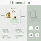 Mid Century Wall Sconce Green Glass Globe Wall Lamp for Dining Room Modern Gold Semi Flush Mount Hard-Wired Wall Light Fixture for Hallway, Kitchen, Indoor Use