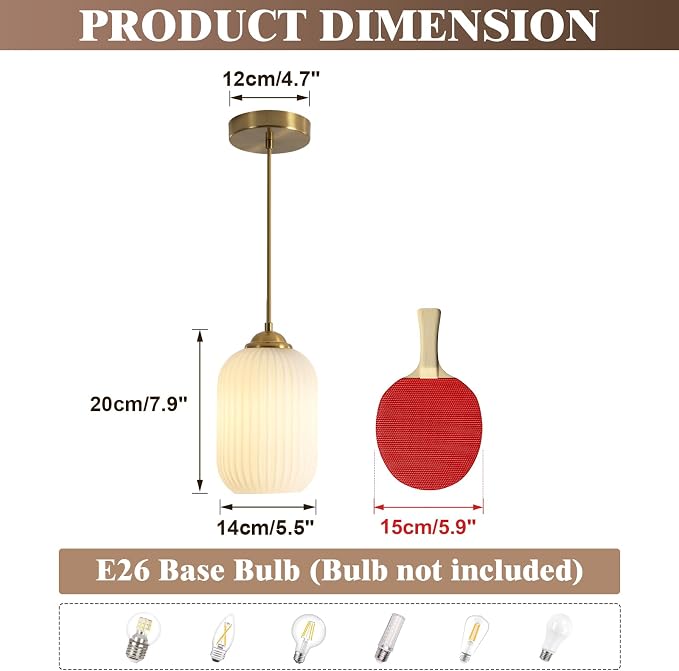 KCO Lighting Brass Gold Mini 5.5” Ribbed Cylinder White Glass Pendant Light | Adjustable Cord E26 Hardwired Hanging Lamp Mid Century Modern Vintage Hanging Light for Kitchen Island Bedroom Dining Room