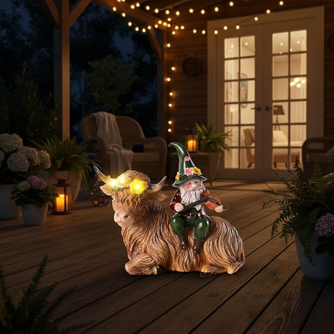 Solar Highland Cow Figurines for Garden with Gnome Playing the Violin 6.7"Resin Garden Gnomes Outdoor Patio Yard Lawn Porch Decor Birthday Housewarming Gifts for Women Mom Grandma Wife Sister Friend