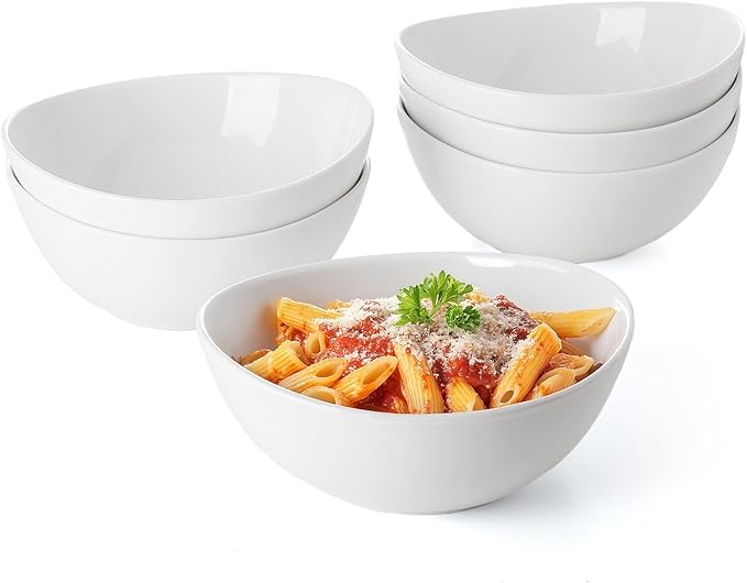 Sweese 28 oz Large White Porcelain Bowls - Set of 6 Salad, Pasta, Soup & Serving Bowls, Big Ceramic Dinner Bowls