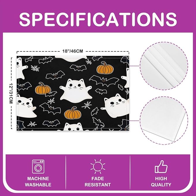 Feelyou Happy Halloween Placemats Set of 4 Cute Ghost Cat Table Mats Orange and Black Place Mat for Kitchen Dining Table Party Decor Indoor Outdoor 18"x12" Non-Slip Easy to Clean Pumpkin Lantern Bats