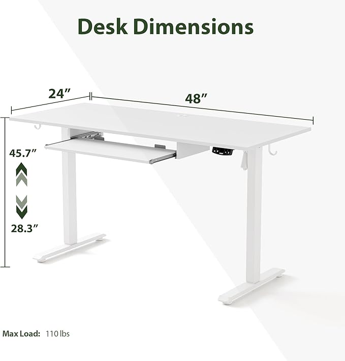 Height Adjustable Desk with Keyboard Tray, 48 x 24 Inches Electric Standing Desk, Stand up Computer Table with Memory Preset, Modern Lift Motorized Gaming Workstation, White