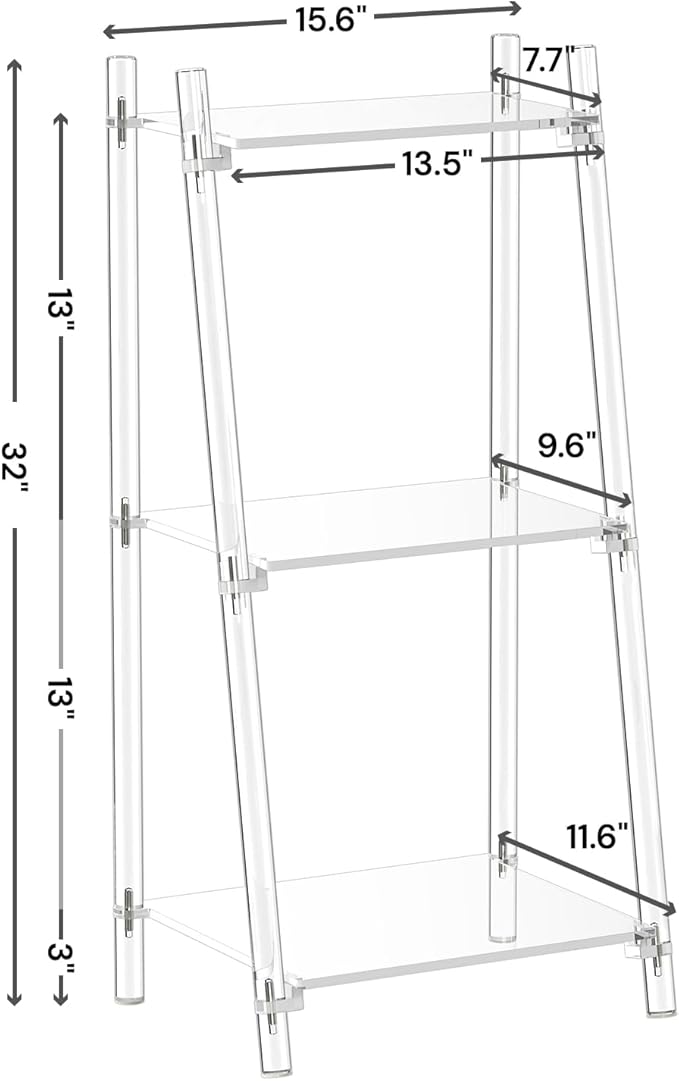 Small Acrylic Ladder Bookshelf, 3 Tier Clear Bookcase, Multipurpose Book Shelf for Living Room, Bathroom, Office, Modern, 11.6" D x 15.6" W x 32" H