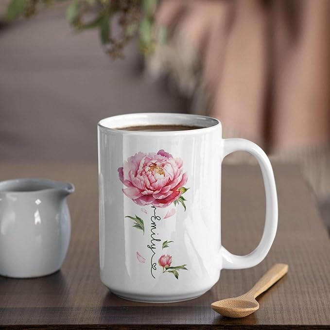 Flower Design Mug With Custom Name, Unique Peony Flower Ceramic Cup, Customized Flower Lover Coffee Mug, Personalized Peony Themed Decorative Cup, Novelty Peony Accent Mug 11oz 15oz