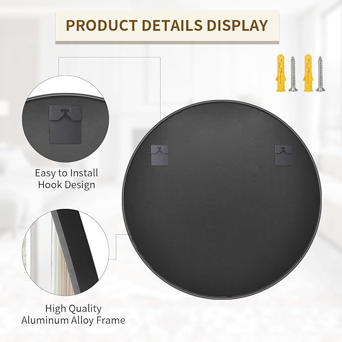 BEAUTYPEAK 40 Inch Round Mirror, Metal Frame Circle Mirror, Wall Mounted for Entryway, Bathroom, Vanity, Living Room, Black
