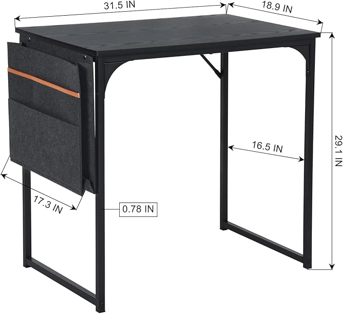 FurnitureR 31.5 inch Small Study Writing Table with Storage Bag Space Saving for Home Office, Modern PC Metal Frame Computer Desk, Black