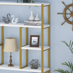 LVB Gold Book Shelf Organizer, Large Tall 6 Tier Bookshelves Storage, Big Modern Metal Wooden 6 Shelf Bookcase, Farmhouse Open Display Vertical Bookshelf for Bedroom Living Room Office, White and Gold