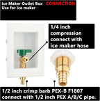 (1 Pack) Lidertik 1/2 inch Crimp PEX-B Pre-Assembled Ice Maker Outlet Box Valve 1/4 inch Recessed Refrigerator Water Line Wall Box with Shut Off Valve LI-ZBQH-520