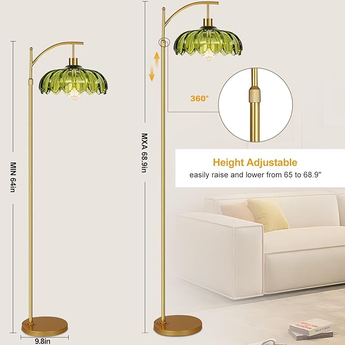 Gold Floor Lamps for Living Room Glass Vintage Floor Lamp with Remote Control,Dimmable Mid Century Modern Standing Lamp with 3 Color Temperature Tall Flower Lamp Brass Floor lamp for Bedroom Corner