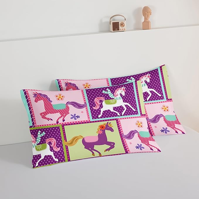 HOSIMA 3Pcs Kawaii Kids Horse Comforter Set with 2 Pillowcases,Colorful Dots Style Full Size Bed in a Bag Set for Adults Teens Princess Toddler Bedding Set,Horse Pony Full Size Comforter Sets.