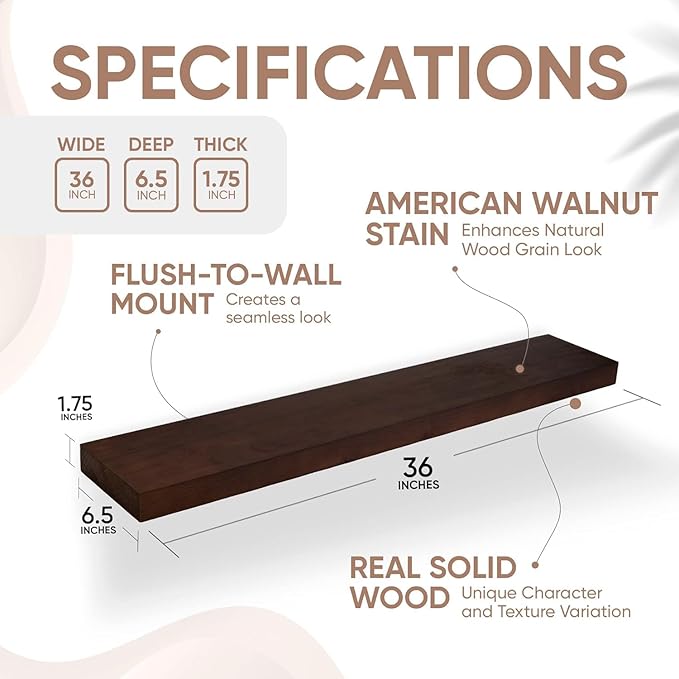 Homeforia Walnut 36 inch Floating Shelf, High End Solid Real Wood 36inch Large Shelves for Bathroom Wall, Dark Brown 36 inches Long Floating Shelves, Heavy Duty Bracket, 36 X 6.5 X 1.75 inch, Set of 2