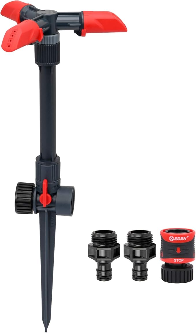 Eden 94141 Adjustable 360° Revolving Sprinkler for Lawn and Garden – 15 Nozzles, 5" Riser, Spike Base