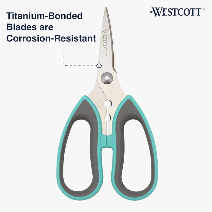 Westcott Titanium-Bonded Soft Handle Kitchen Shears for Herbs, Teal - 6.5-Inch Versatile Kitchen Shears with Precision Cutting Tips and Built-In Herb stripper for Easy Handling and Comfort