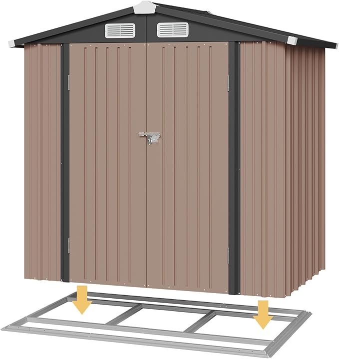 Aoxun 6x3.9 FT Shed with Base Metal Outdoor Storage Shed Garden Shed with Lockable Doors Tool Shed Bike Shed for Backyard, Patio, Poolside (Brown)