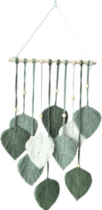 Madiffcult Macrame Wall Hanging Boho Wall Decor Woven Feather Wall Art Handmade Macrame Leaf Tapestry with Wooden Beads for Bedroom Living Room Nursery 16x27 Inch (Green)