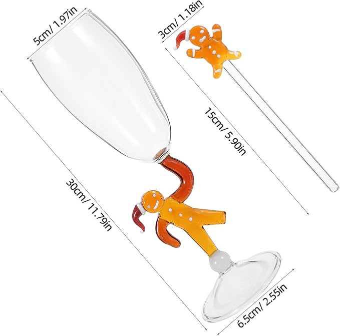 Festive Wine Glass with Stirrer, 7oz Gingerbread Man Glass Cup | Decorative Christmas Stemware for Holiday Tableware Cocktail Juice Red Wine, Winter Glassware