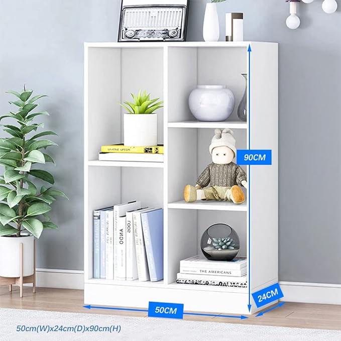 IOTXY Open Shelf Low Bookcase - Wooden 3-Tier Floor Standing Display Cabinet Organizer with Base, 5 Cubes Short Horizontal Bookshelf in Warm White