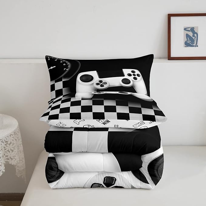 Erosebridal Gamer Comforter Set King,Gaming Bedding Set for Kids Teens,Black and Grey Buffalo Plaid Reversible Duvet Insert,Novelty Gamepad Pattern Down Comforter with 2 Pillow Shams Lightweight