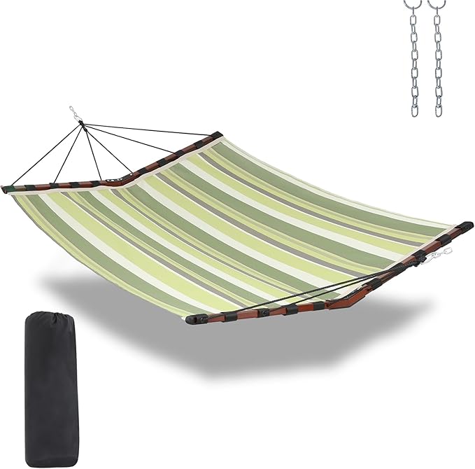 TegerDeger 12FT 2 Person Hammock Large Hammock Quick Dry 450LB Capacity with V Shaped Hardwood Spreader Bar & Nylon Rope for Outside, Patio, Garden, Backyard, Beach, Poolside - Tender Green Stripes