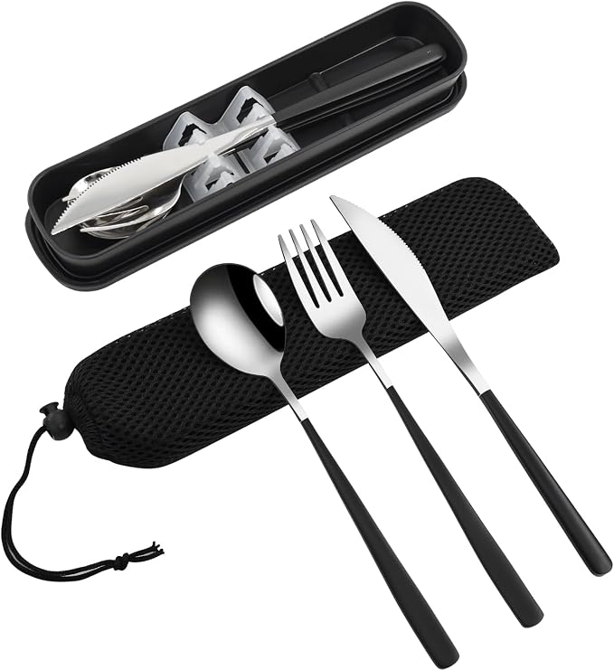VANRA 3-Piece Portable Travel Utensils Set with Case 18/8 Stainless Steel Flatware Set Reusable Cutlery Set with Fork Spoon Knife for Lunch Travel Camping School Work Picnic (Black)