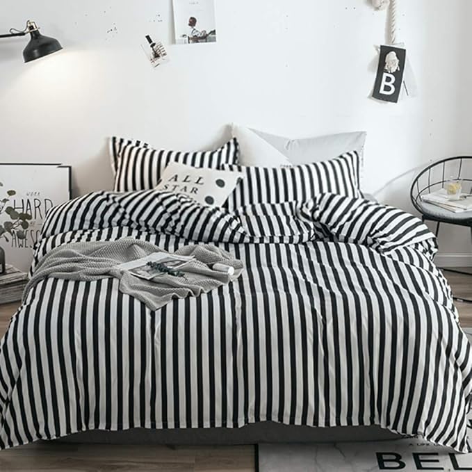 White and Black Striped Comforter Set Full/Queen Soft Durable Striated Bedding Set Ticking Quilts for Girls Boys Hotel Quality
