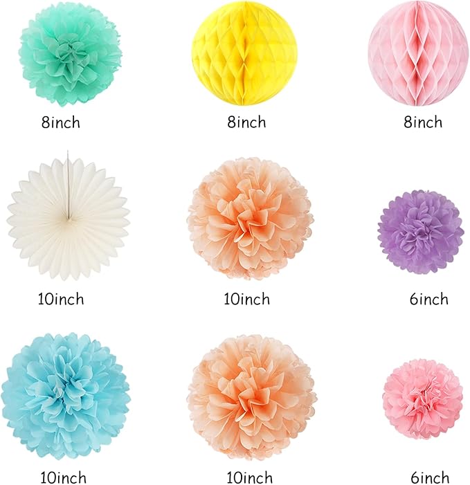 Pastel-Rainbow Colorful Birthday Party-Decorations Paper-Flowers - 14pcs Happy Banner Carnival Theme Lanterns Tissue Pom Poms,Macaron Streamers Garland Fans Honeycomb Hanging Supplies Decor Hugfond